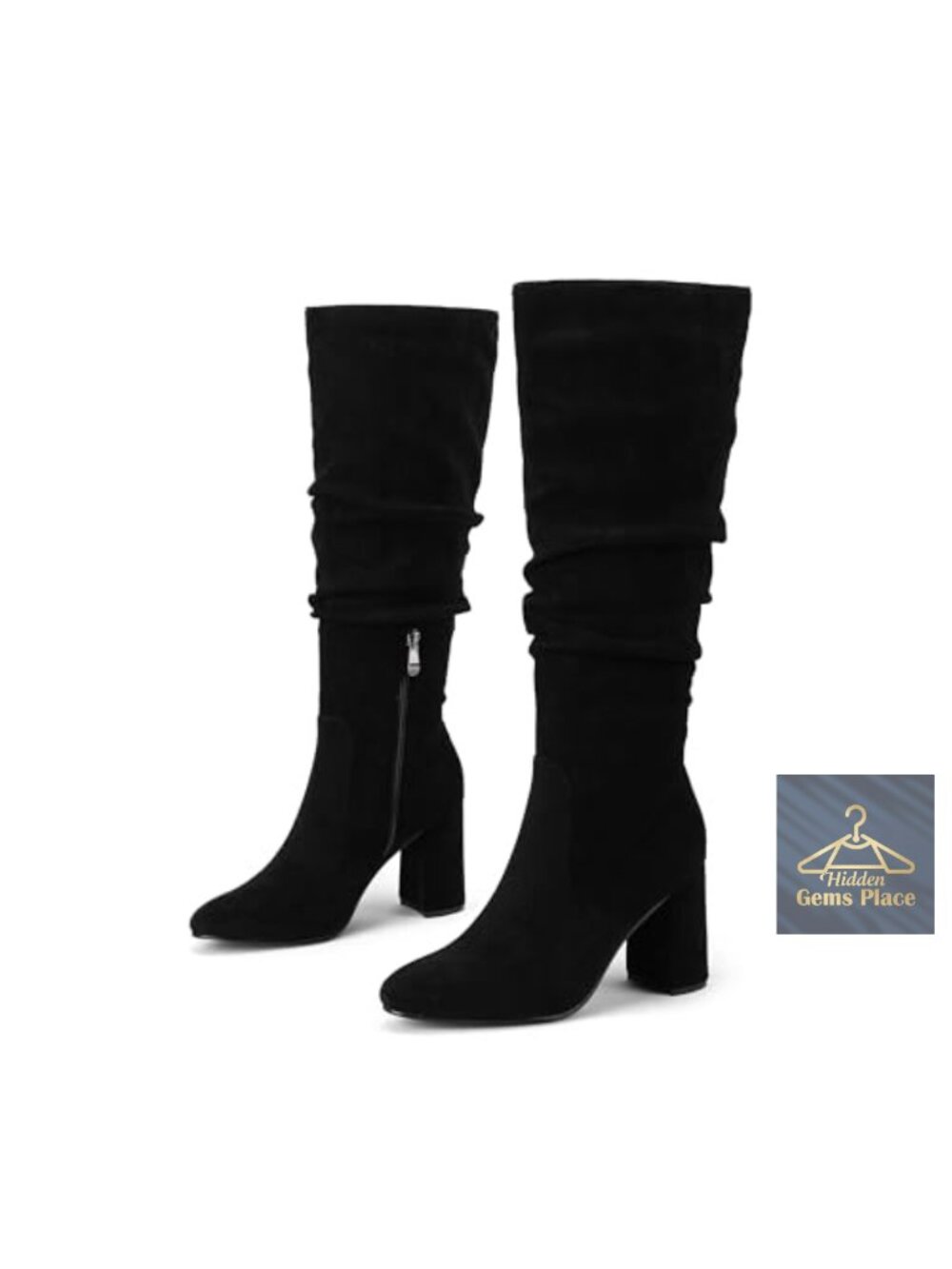 Faux Suede Slouchy Knee High Boots Pointed Toe Block Heel Side Zip